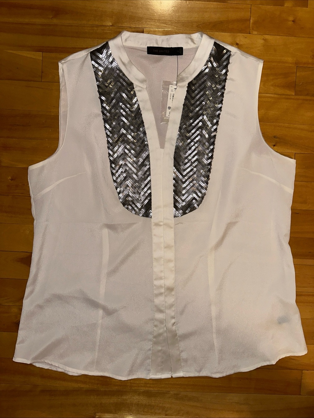 The Limited NWT Ivory Sleeveless Blouse Sequin Bib Placket Top Womens XL New